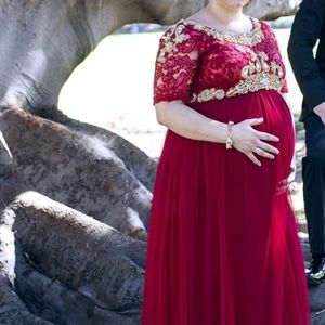 Red gown with gold embellishments